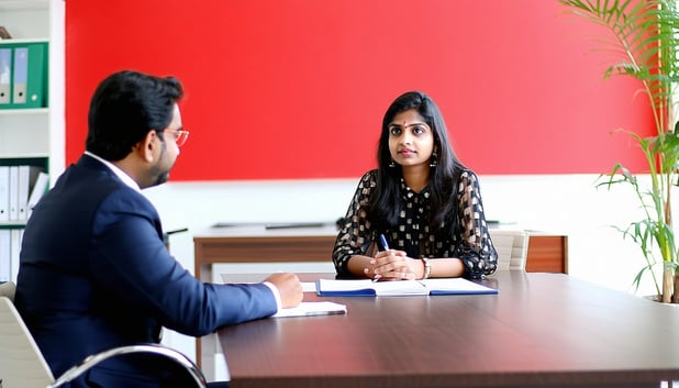 A professional Indian Girl sitting across the table infront of a professional indian man in an interview setup office The background of the office is red in colour and is aesthetic-4