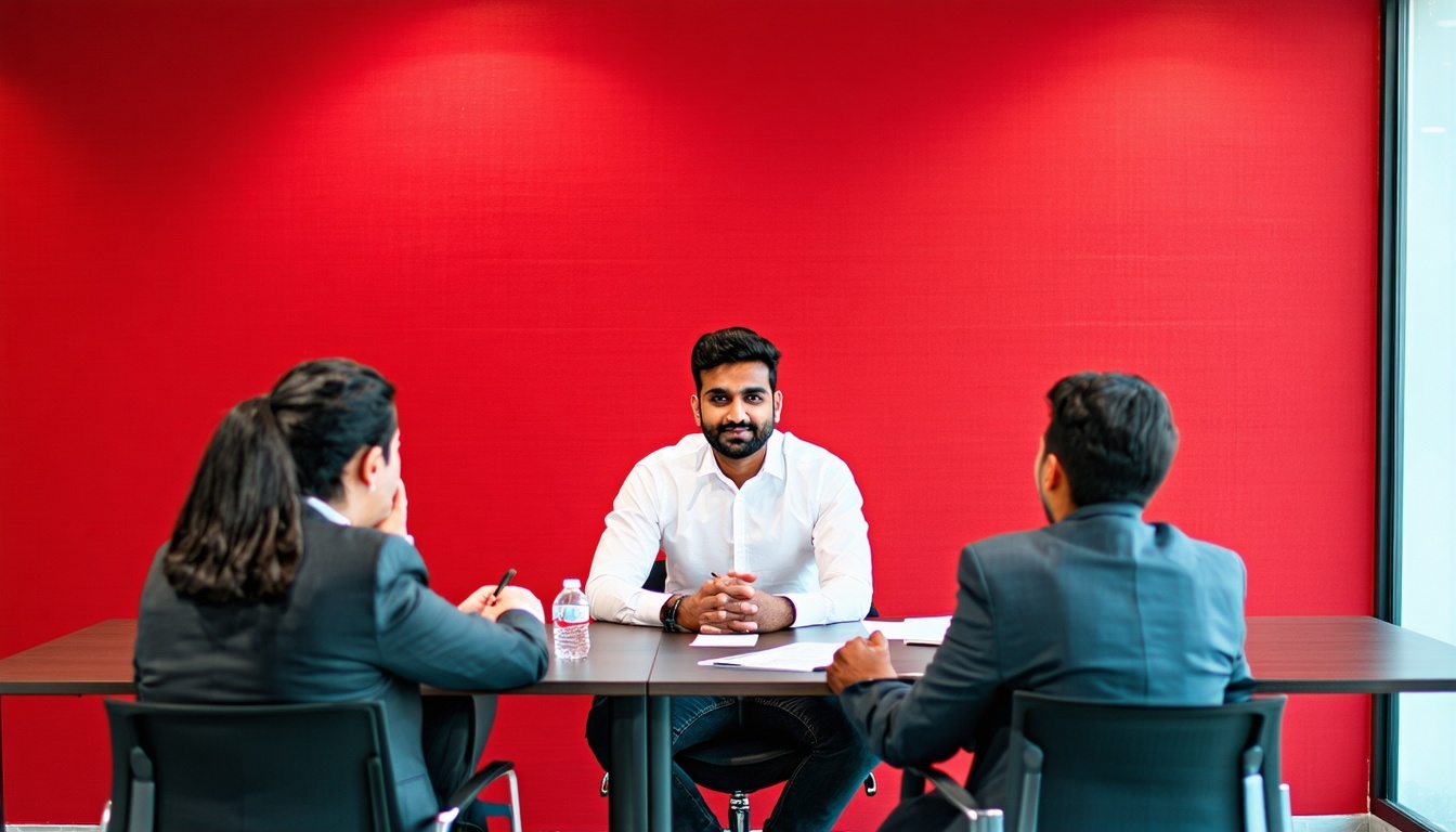 Create an Image where a professional Indian man is confidently sitting for the interview in a meeting room in front of two interviewers The setup of the meeting room is aesthetic with red background wall It should look like interview setup environmen-1