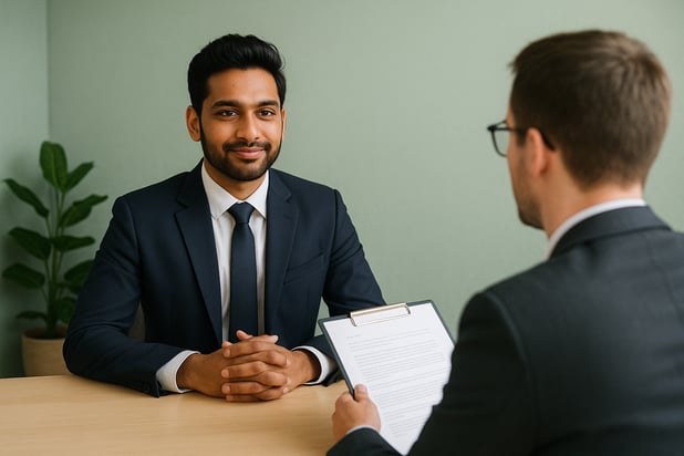 create an image where a confident Indian professional man is appearing for an interview in front of the interviewer The interview room has light green background wall with aesthetic look of the room-1