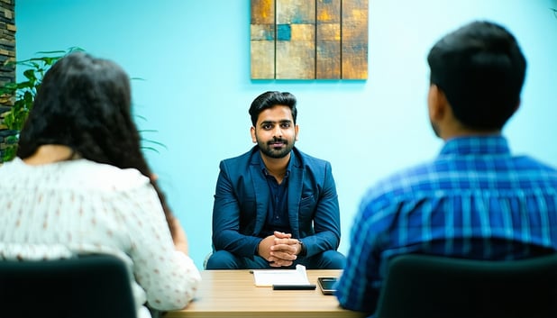 create an image where a confident indian professional man is sitting infront of the interviewer in interview room The room is aesthetic with light blue background wall and wall hanging