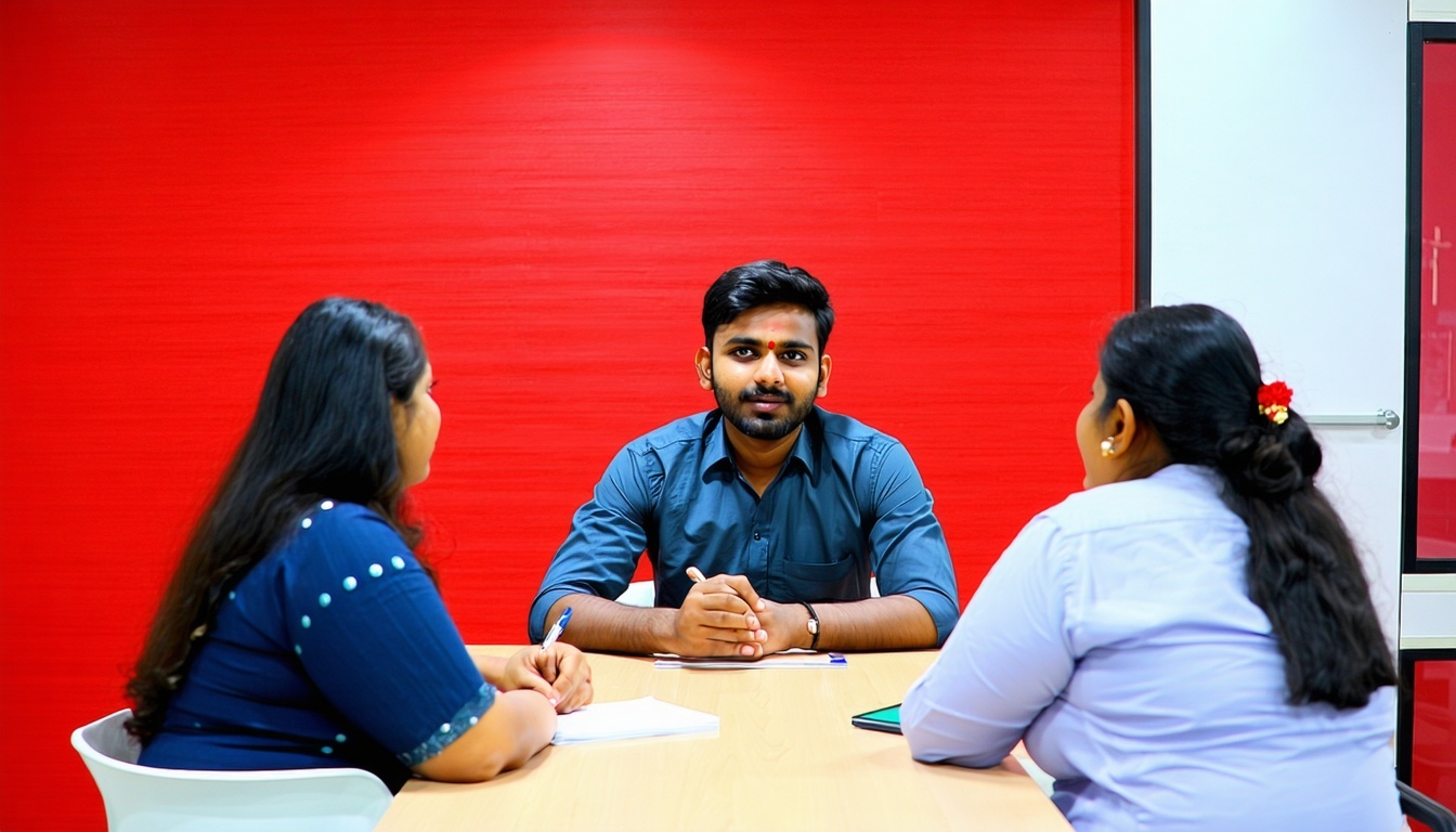 A confident Indian candidate sitting across a tabl